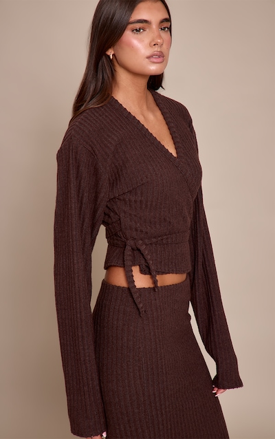 Dark Brown Brushed Wrap Over Tie Waist Top