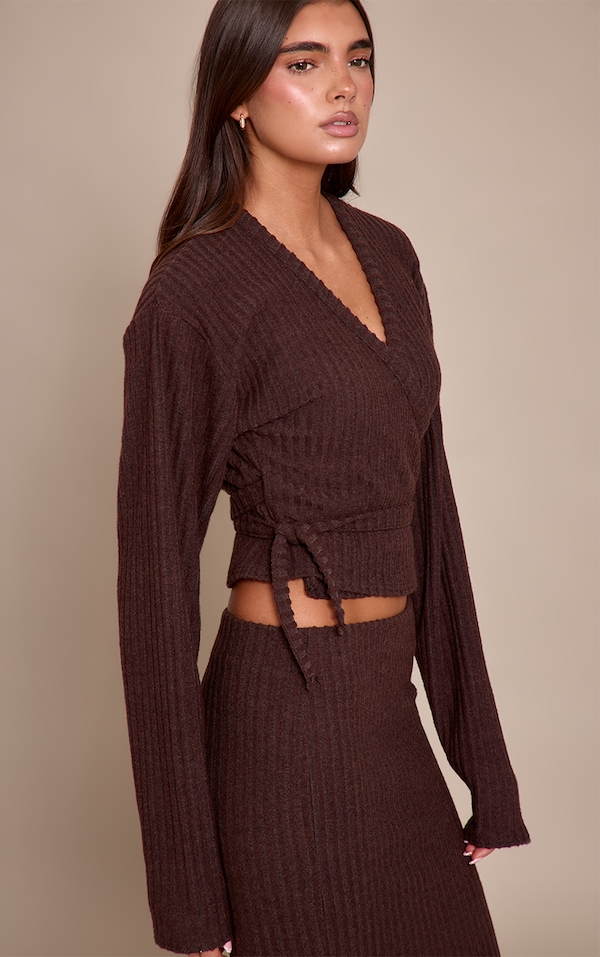 Dark Brown Brushed Wrap Over Tie Waist Top