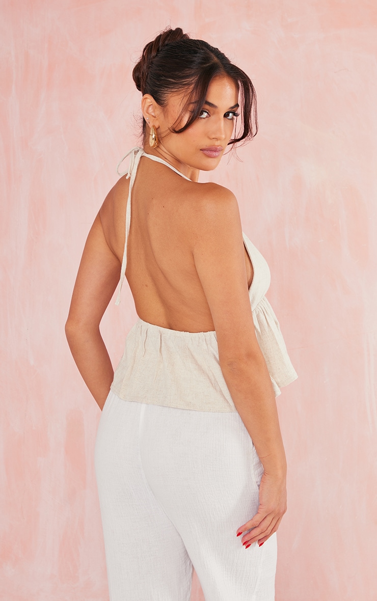 Beige Linen Look Frill Hem Crop Top image 2