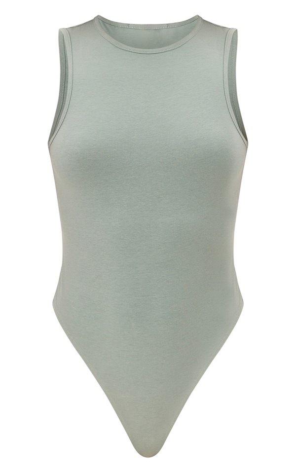 Green Cotton Racer Bodysuit Tops PrettyLittleThing