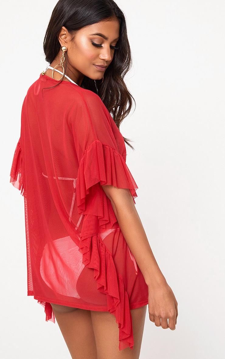 Red Sheer Mesh Frill Edge Beach Cover Up PrettyLittleThing IE