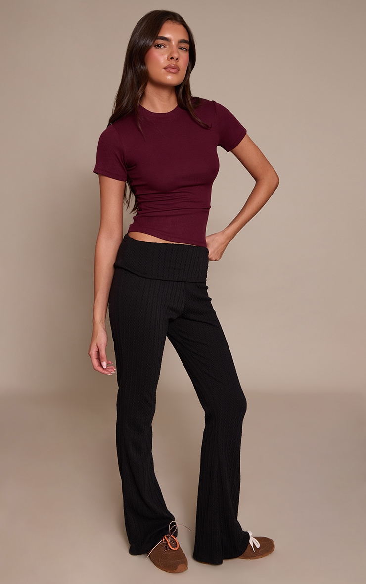 Black Cable Textured Jersey Fold Over Flared Pant image 2
