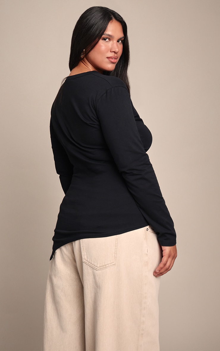 Plus Black Cotton Ruched Side Long Sleeve T-shirt  image 2
