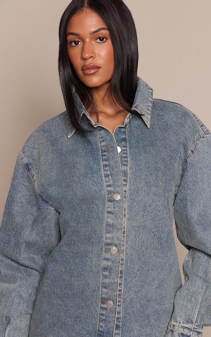 Tall Chemise en jean vintage à manches ballon et ourlet incurvé