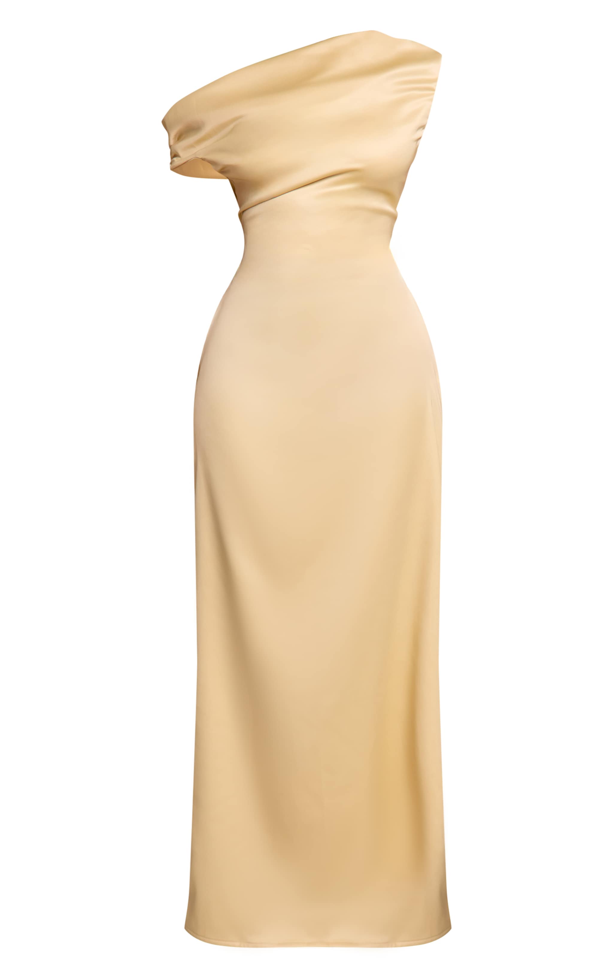 Petite Robe longue asymétrique satinée jaune beurre froncée image 5