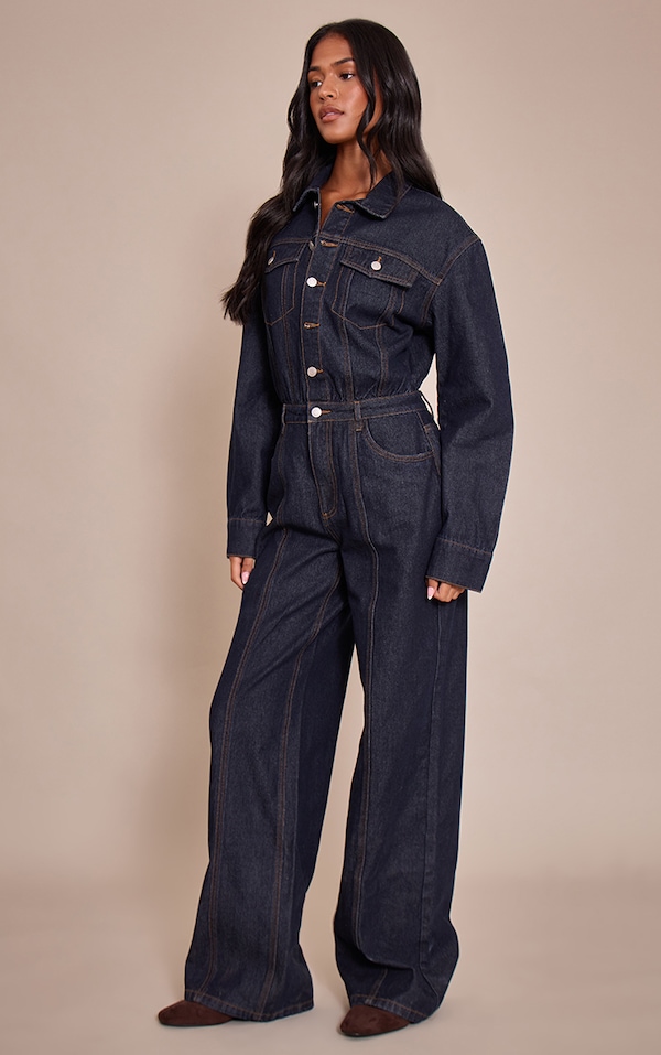 Tall Indigo Contrast Stitch Long Sleeve Denim Jumpsuit