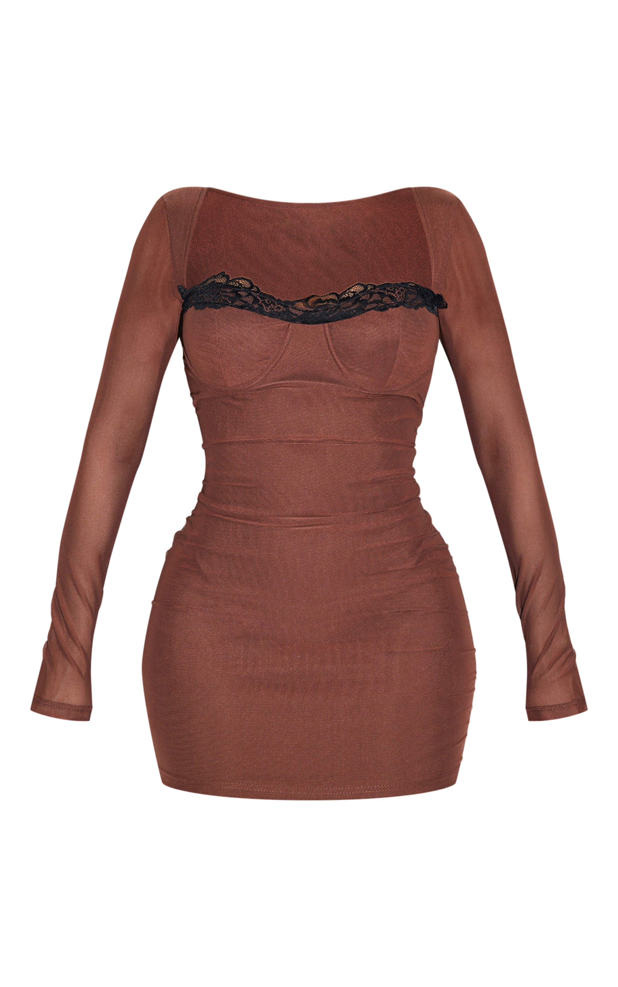 Shape Brown Mesh Underwired Lace Trim Long Sleeve Mini Dress image 5