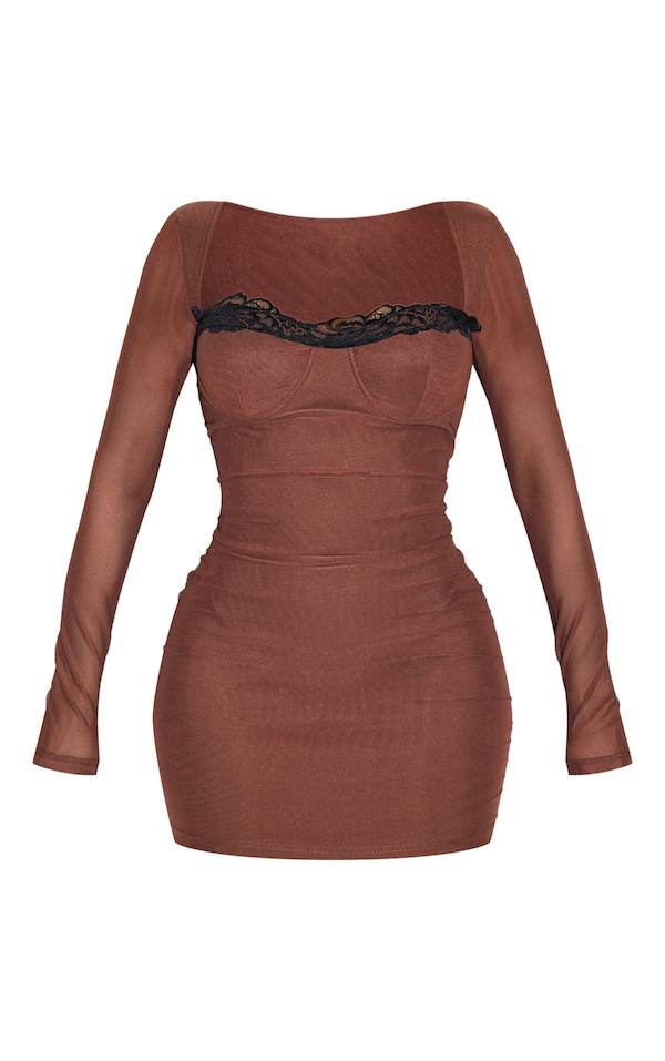 Shape Brown Mesh Underwired Lace Trim Long Sleeve Mini Dress
