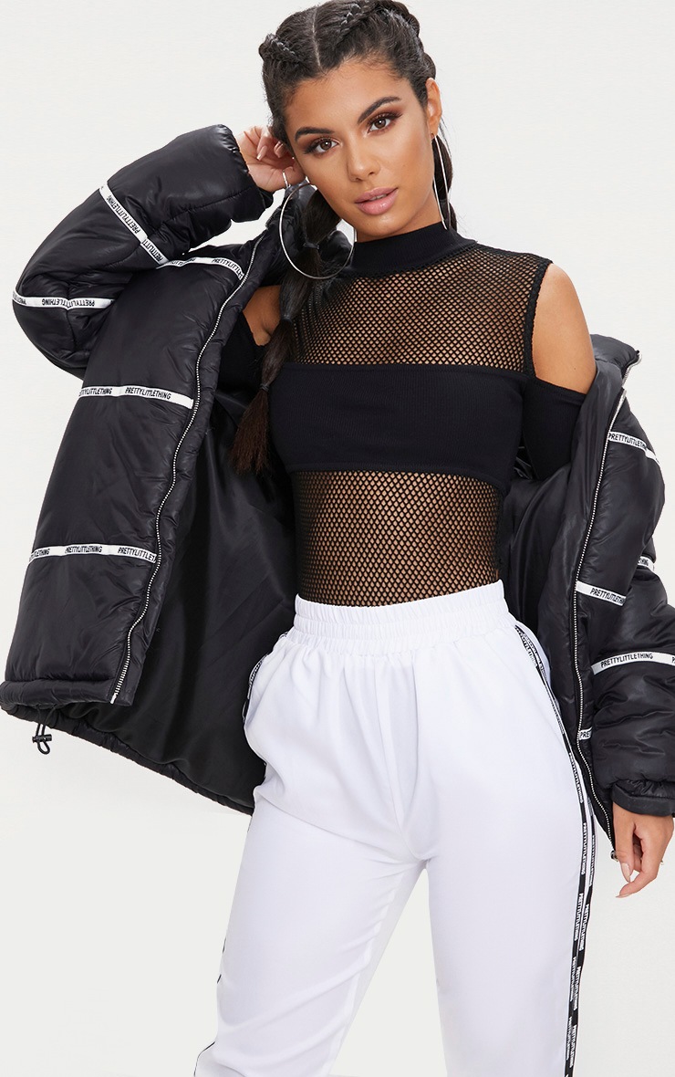 Black Jersey Panel Cold Shoulder Thong Bodysuit