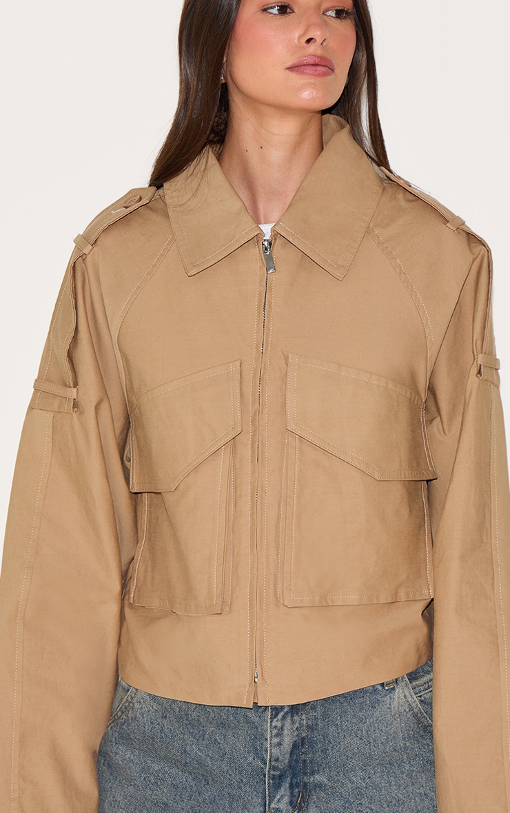 Camel Trench Detail Cropped Zip Up Jacket image 4