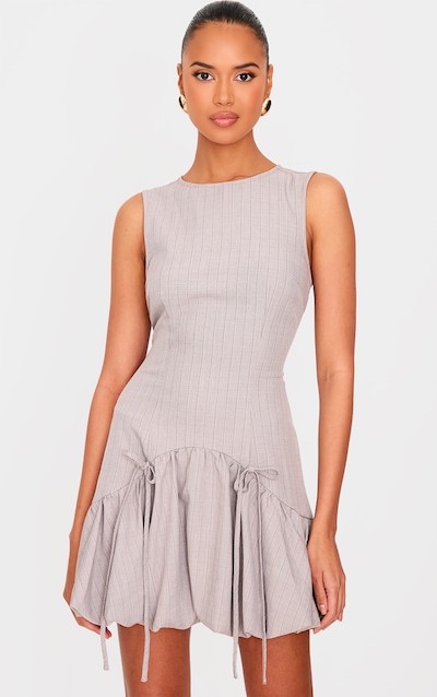 Taupe Pinstripe Racer Puffball Mini Dress