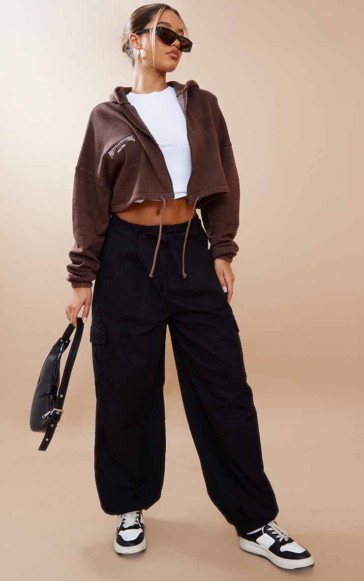 PRETTYLITTLETHING Chocolate Embroidered Washed Tie Crop Hoodie image 3