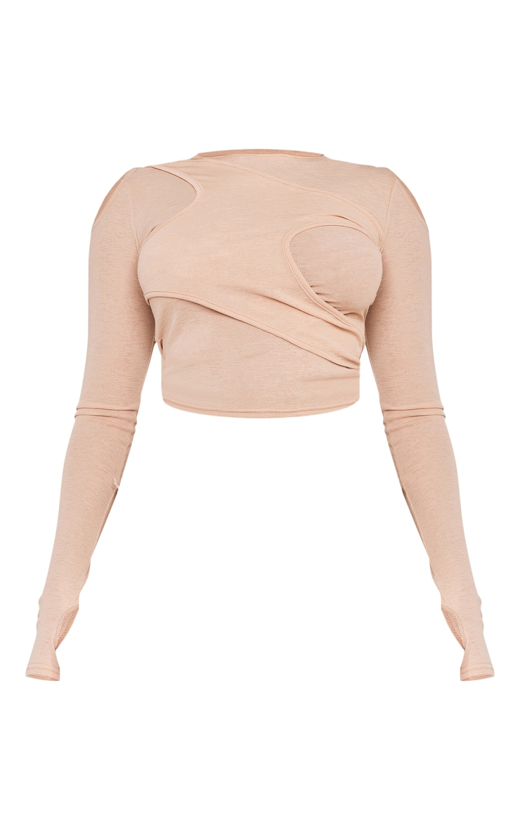 Camel Burnout Mesh Layered Long Sleeve Top image 5