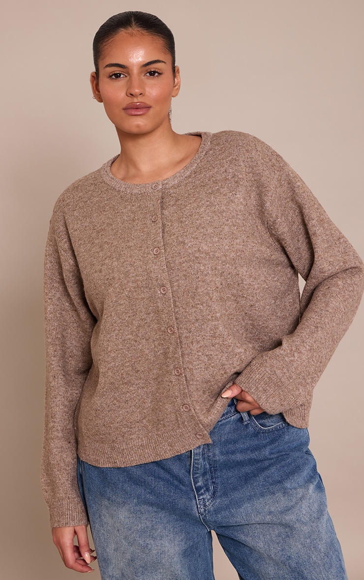 Plus Taupe Knit Button Through Cardigan image 1