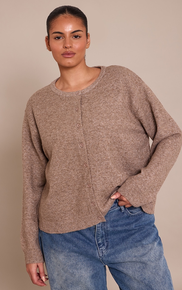 Plus Taupe Knit Button Through Cardigan