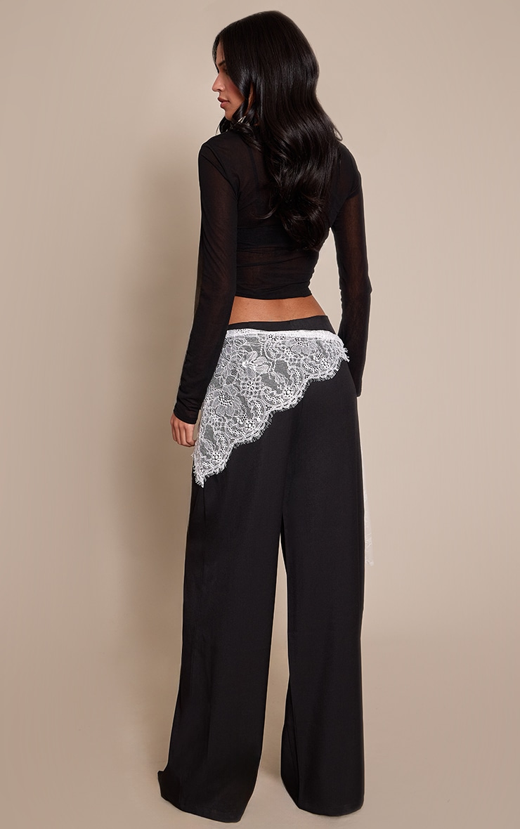 Tall Black Lace Wrap Detail Woven Wide Leg Trousers image 3