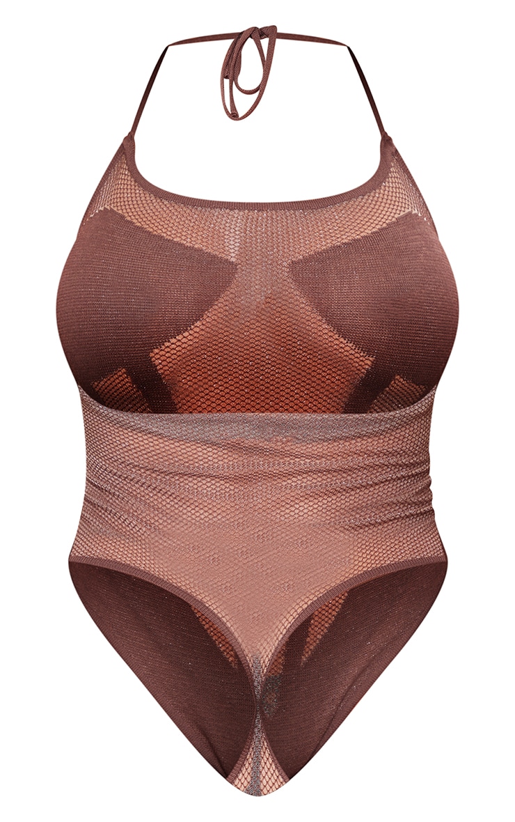 Shape Chocolate Brown Sheer Knit Panelled Strappy Bodysuit image 6