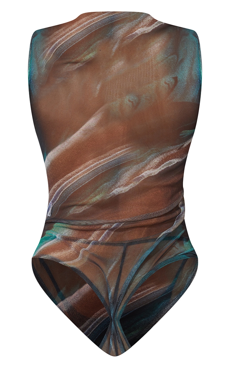 Green Abstract Printed Mesh Ruched Front Bodysuit image 4