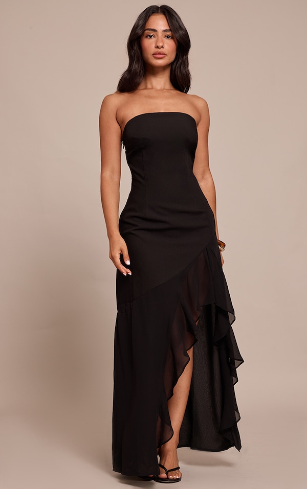 Petite Black Ruffle Asymmetric Bandeau Dress