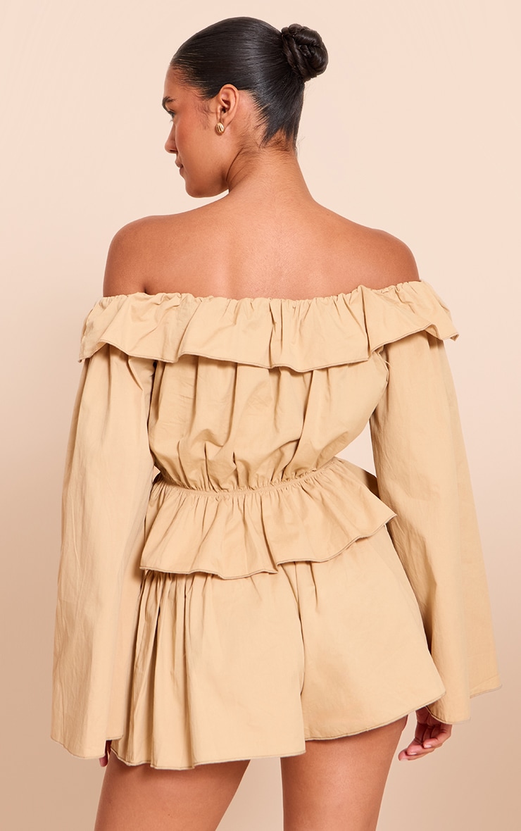 Stone Cotton Woven Frill Bardot Long Sleeve Long Top image 2