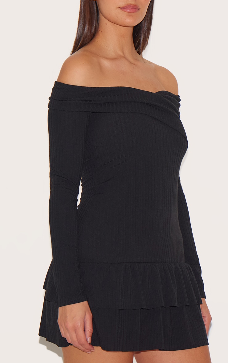 Black Ribbed Bardot Cross Over Bust Detail Shift Dress image 4