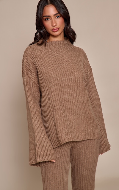 Petite Mocha Luxe Rib Knit Oversized Sweater