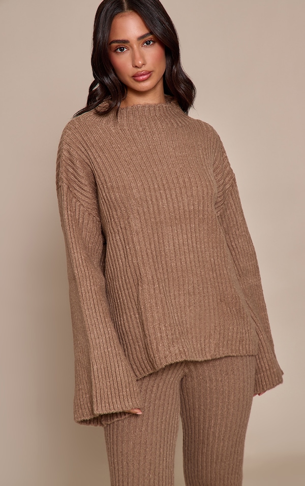 Petite Mocha Luxe Rib Knit Oversized Sweater