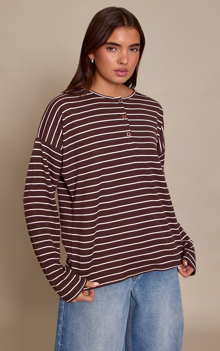 Chocolate Striped Button Down Detail Oversized Long Sleeve Top image 1