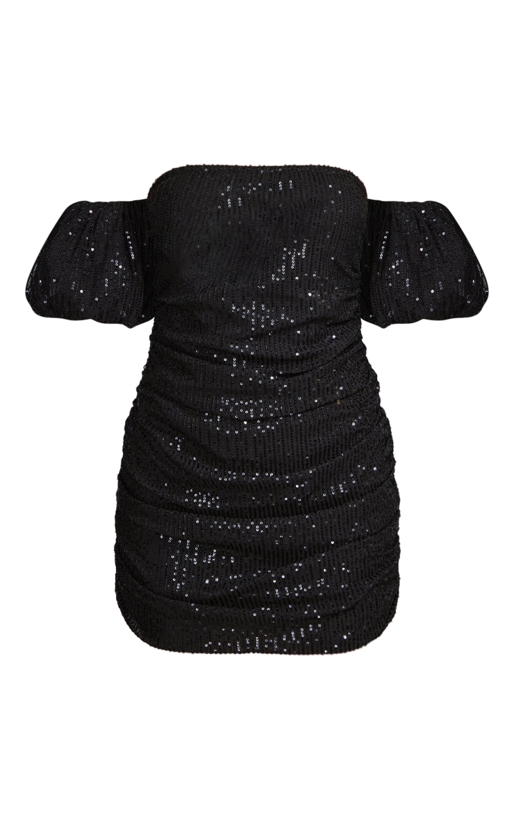 Robe moulante noire à sequins et col bardot détail manches bouffantes image 5