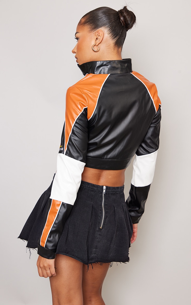 Orange Contrast Panel Faux Leather Fitted Racer Jacket image 2