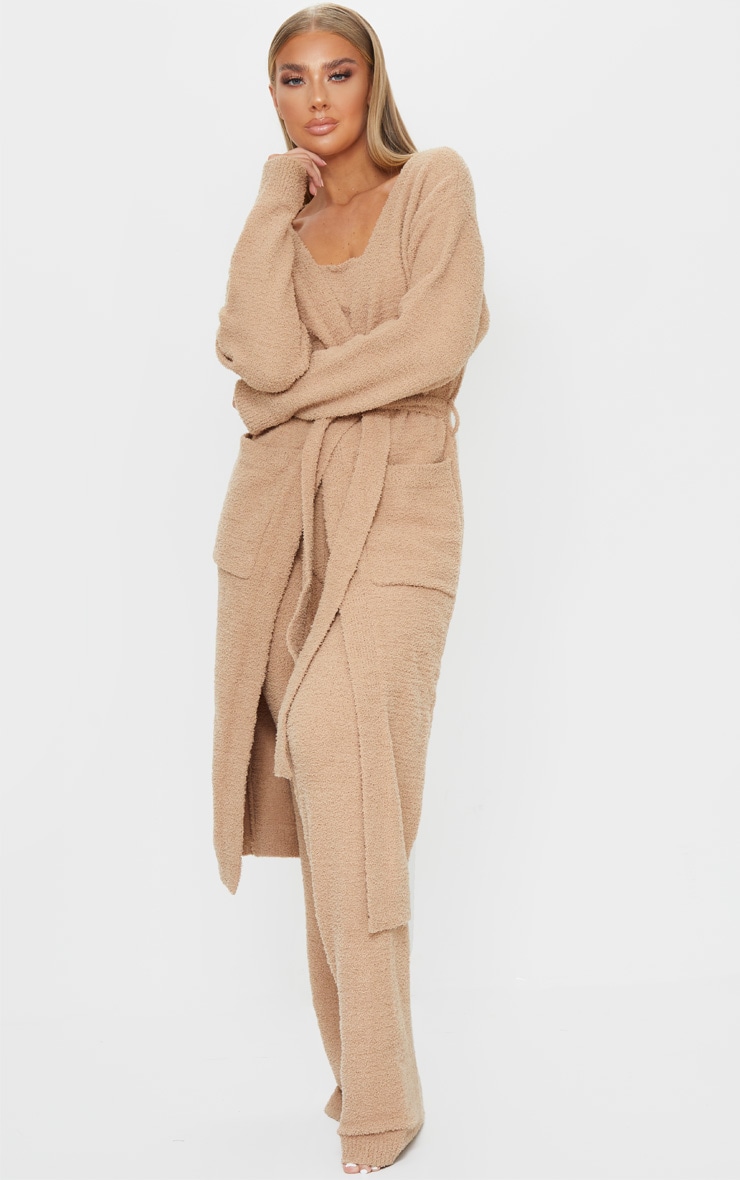 Taupe Chenille Longline Belted Pocket Detail Cardigan