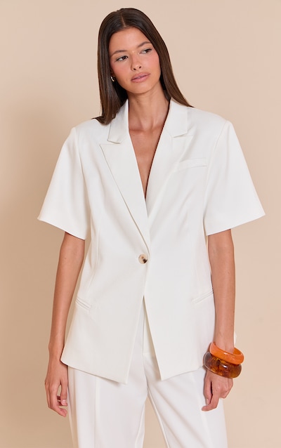 White Shortsleeve Boxy Single Breasted Blazer
