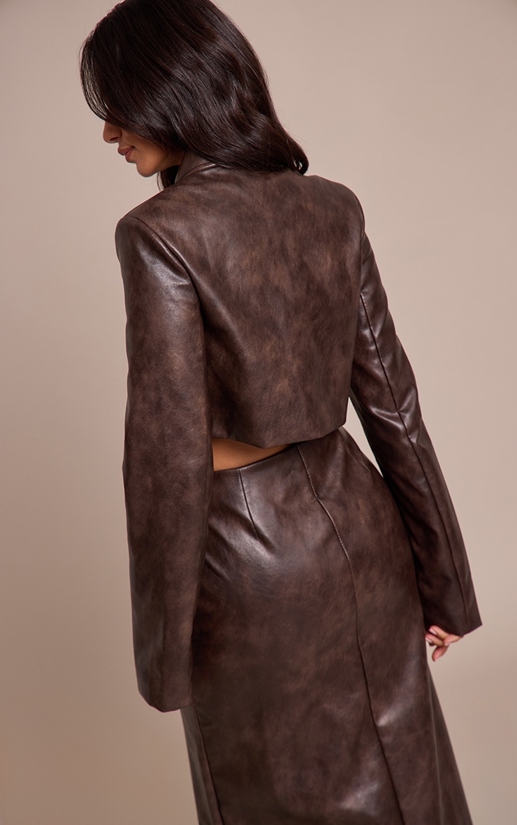 Petite Chocolate Cropped Faux Leather Zip Up Jacket  image 2