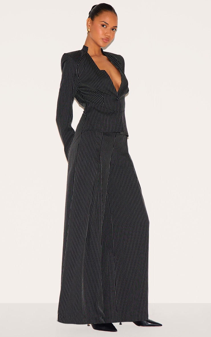 Black Pinstripe Shirt Detail Straight Leg Jumpsuit image 3
