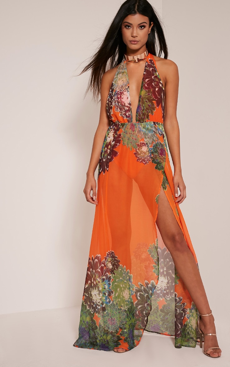 Alina Bright Orange Tropical Print Plunge Maxi Dress ...