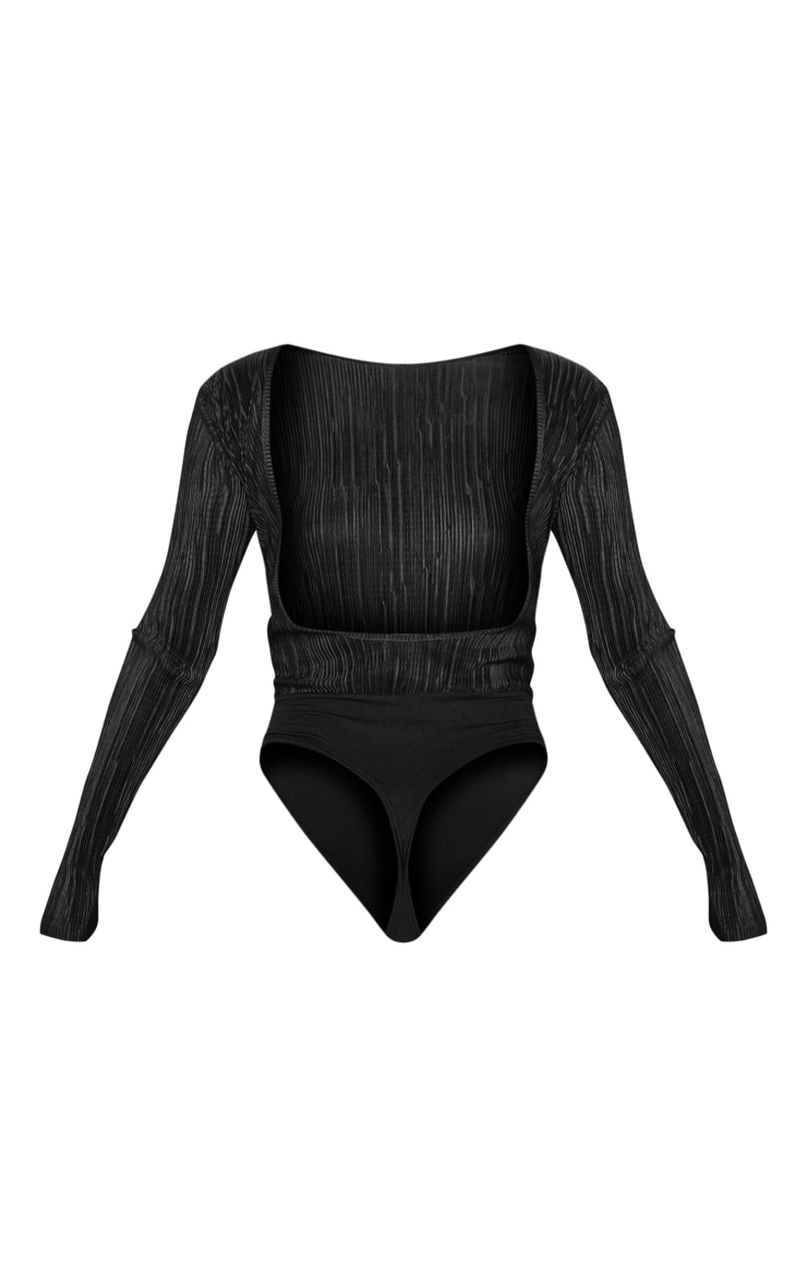 Black Plisse Low Back Detail Long Sleeved Bodysuit image 6