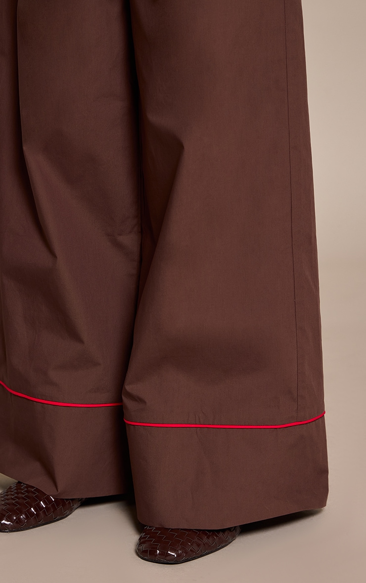 Dark Chocolate Contrast Piping Detail Wide Leg Trousers image 4