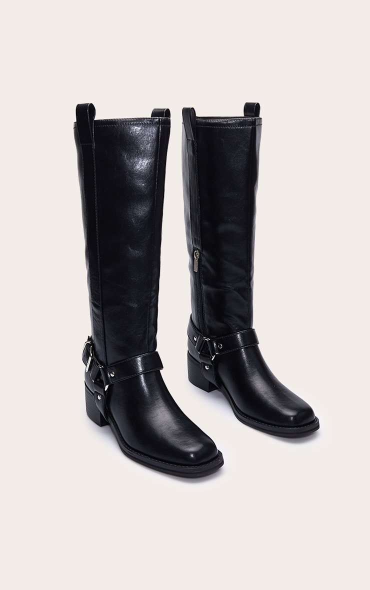 Black PU Buckle Detail Knee High Boots image 3