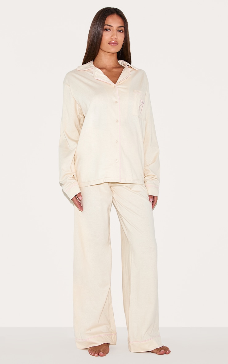 Cream Bow Embroidered Jersey Contrast Piping Long Pj Set image 1