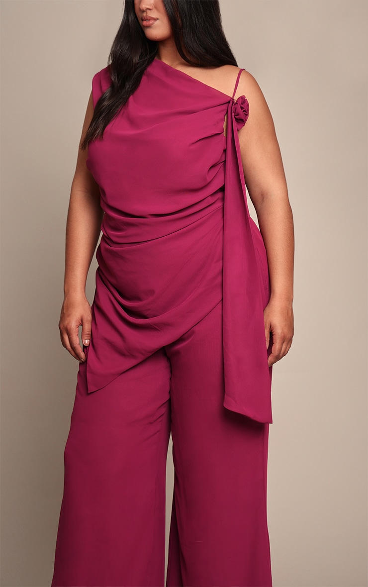 Plus Deep Plum Chiffon Corsage Detail Wide Leg Jumpsuit image 4