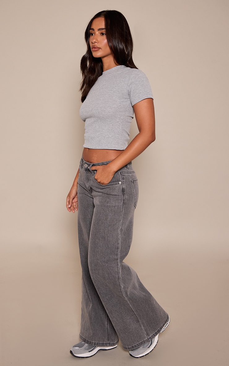 Petite Grey Mid Rise Stretch Wide Leg Jeans image 2
