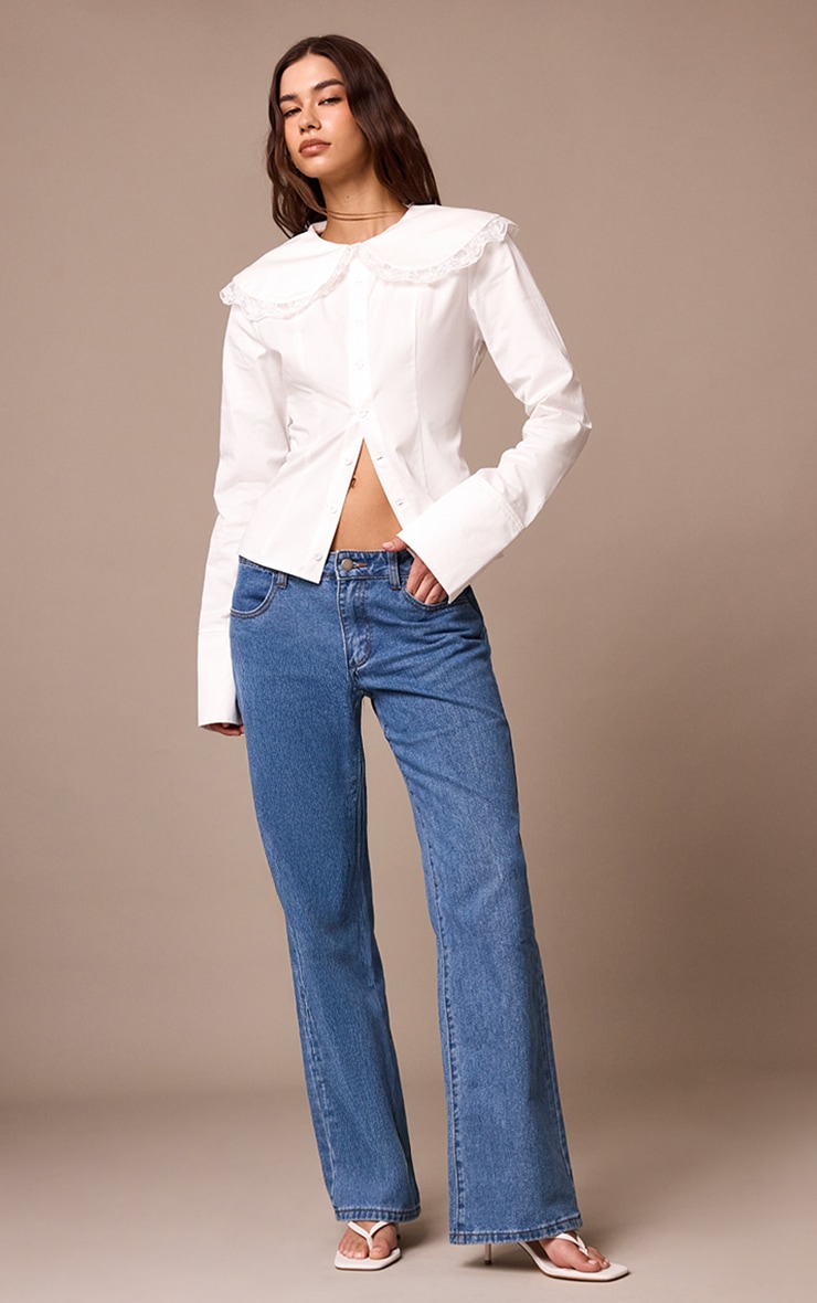 White Cotton Lace Trim Long Sleeve Shirt image 3