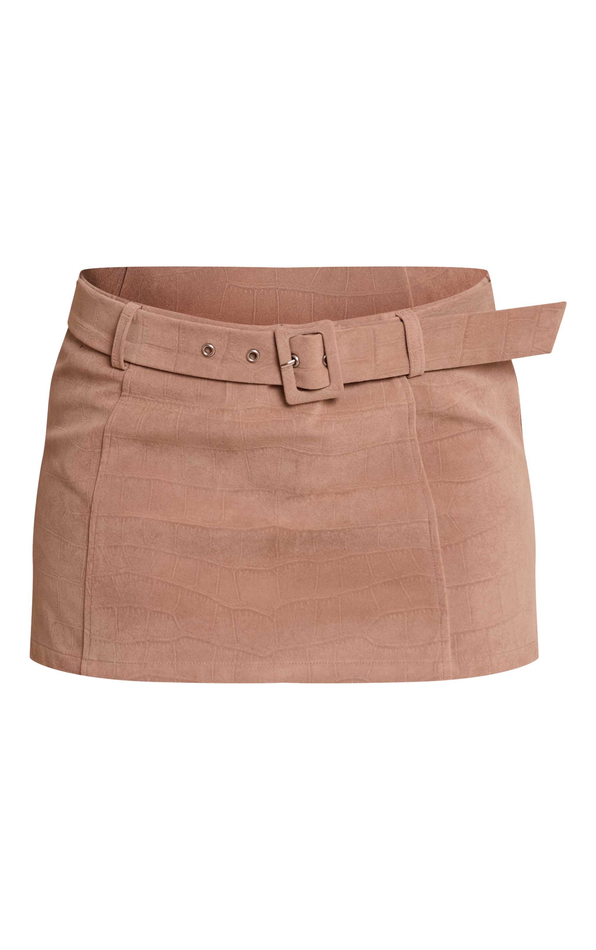 Petite Mini-jupe en suédine gris pierre effet croco à ceinture image 6