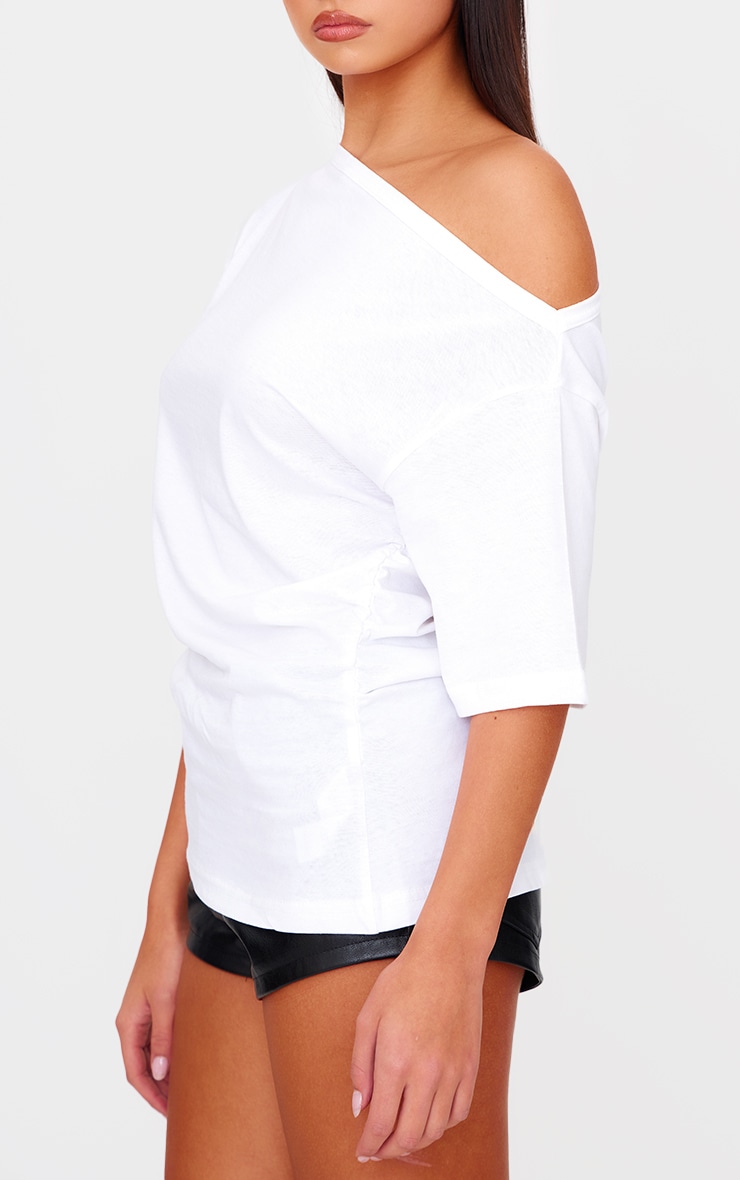 White Asymmetric Ruched Side Detail T Shirt image 4