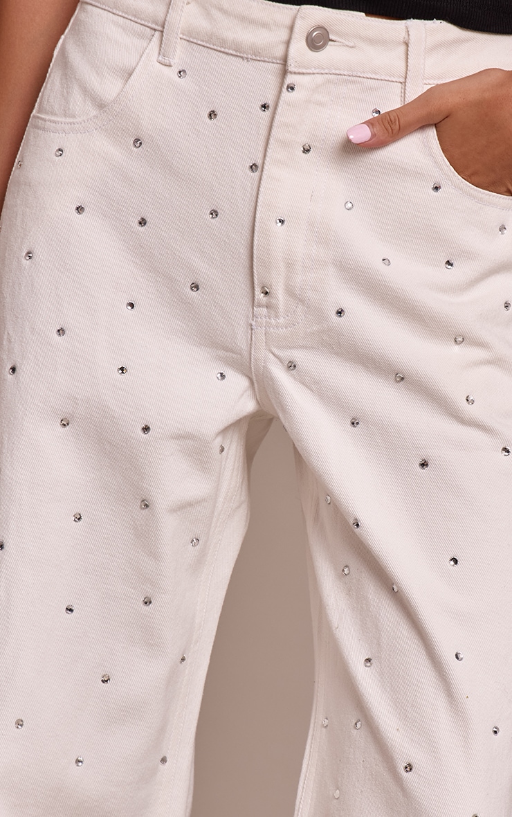 White High Waist Diamante Straight Leg Denim Jeans image 4