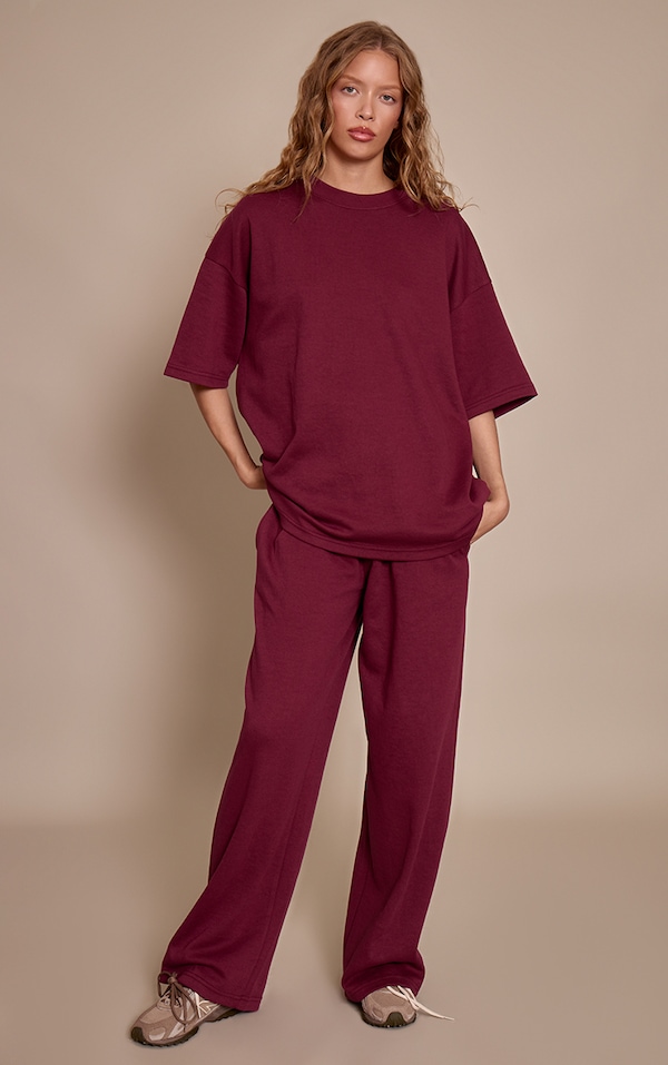 Burgundy Jersey Mid Rise Wide Leg Pants