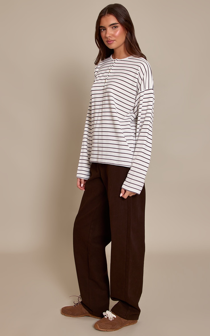 Cream Striped Button Down Detail Oversized Long Sleeve Top image 3