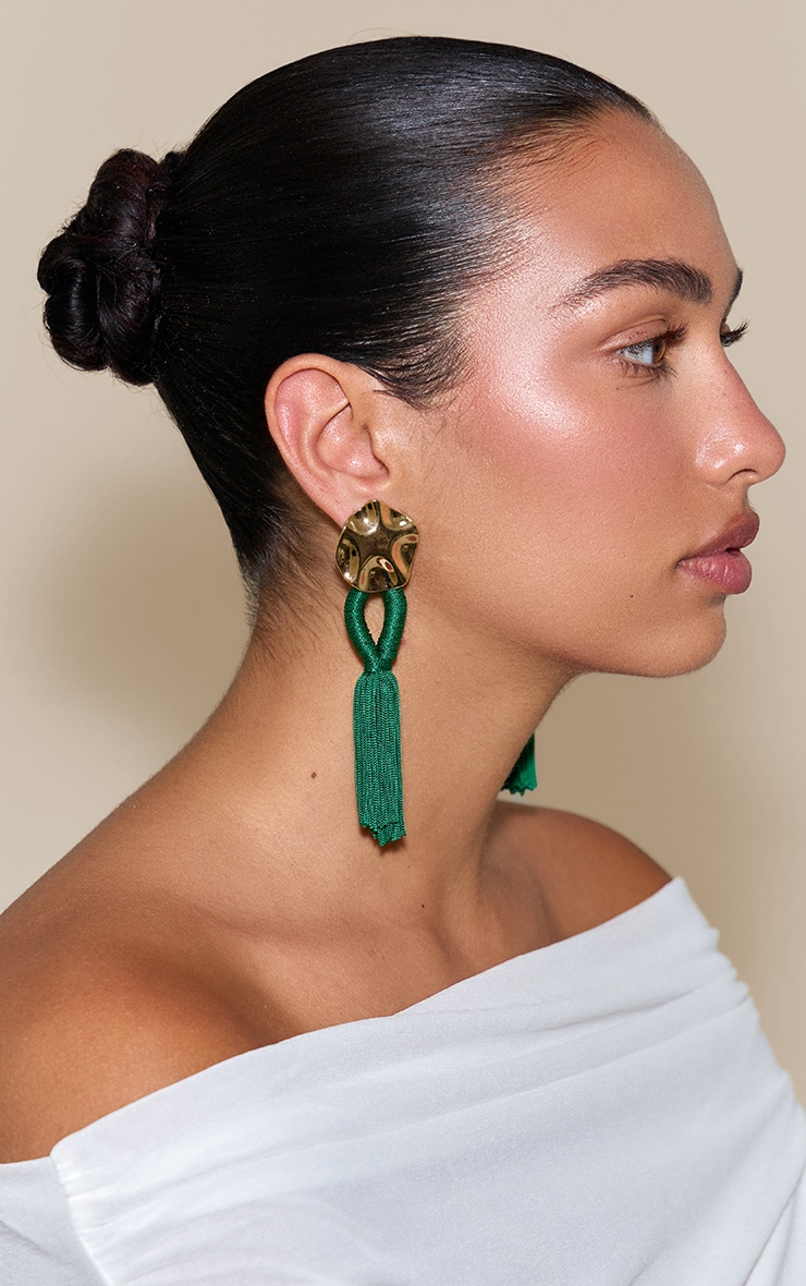 Gold Hammered Circular Earrings with Emerald Tassel Detail image 1