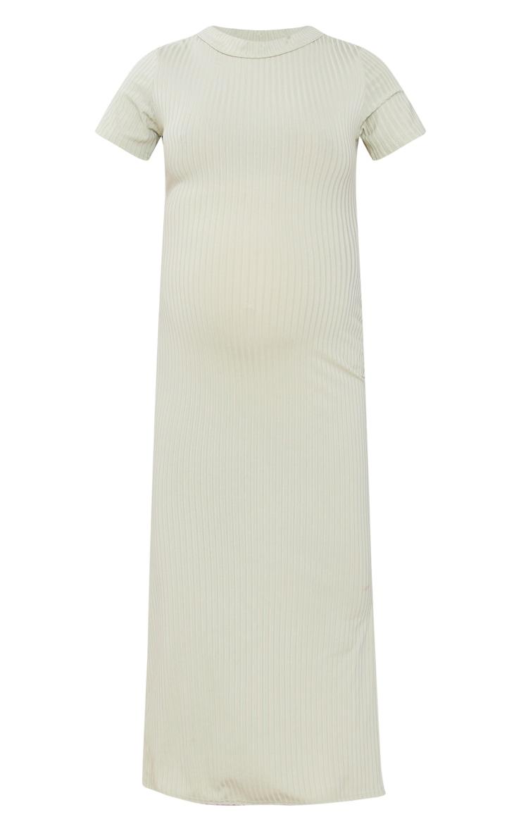 Maternity Sage Green Ribbed Short Sleeve Midi Dress image 5