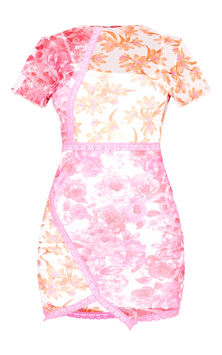 Pink Floral Print Lace Detail Cap Sleeve Bodycon Dress image 5